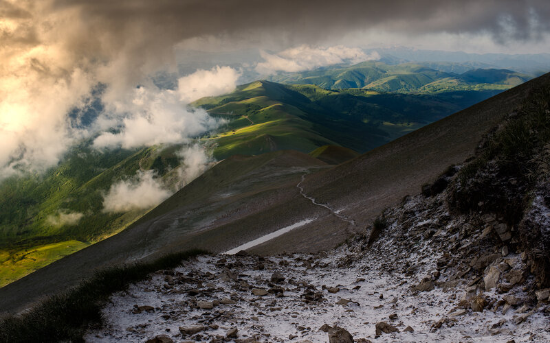 Mountain Ridge with Clouds — Green, Dramatic