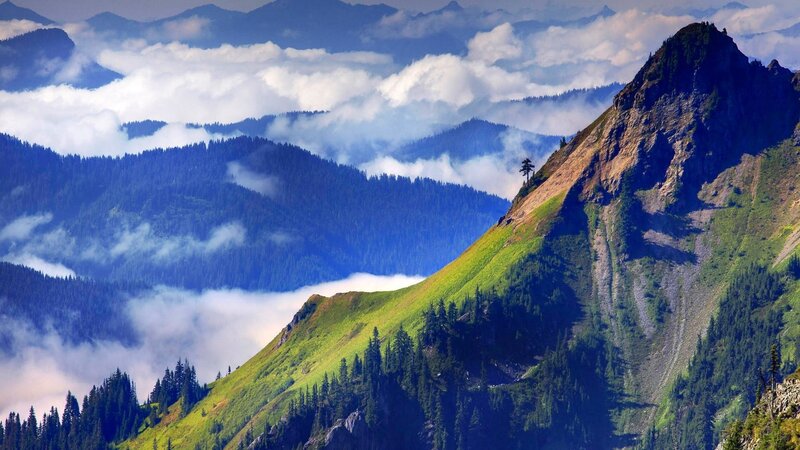 Mountain Ridge with Clouds — Green, Serene