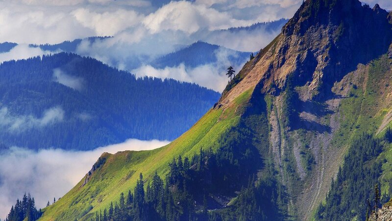 Mountain Ridge with Clouds — Green
