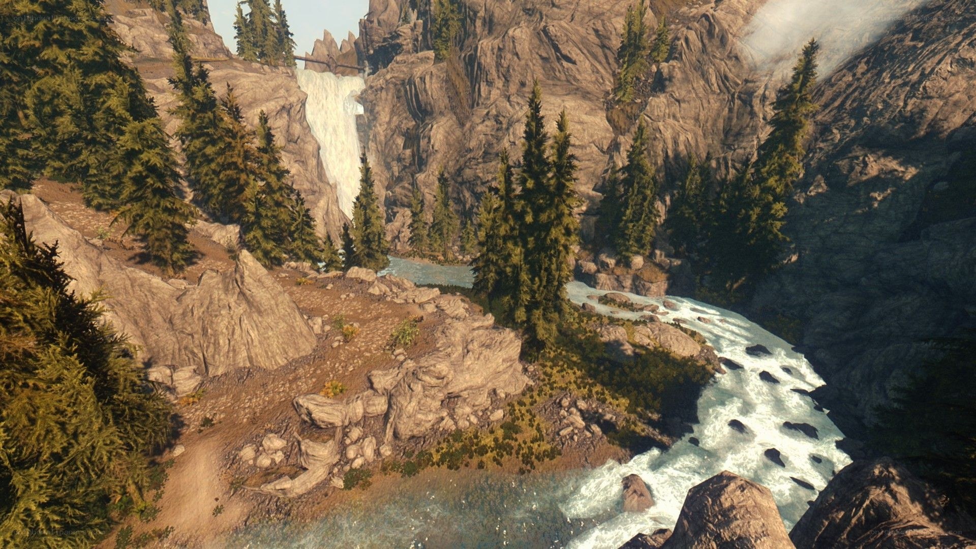 mountain river and waterfall