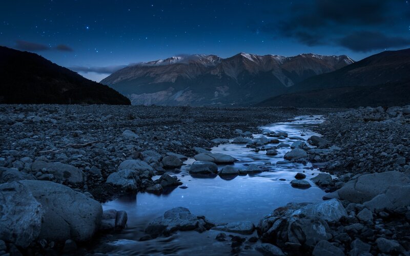 Mountain River at Night — Blue