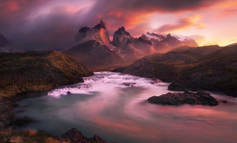 Mountain river at sunset