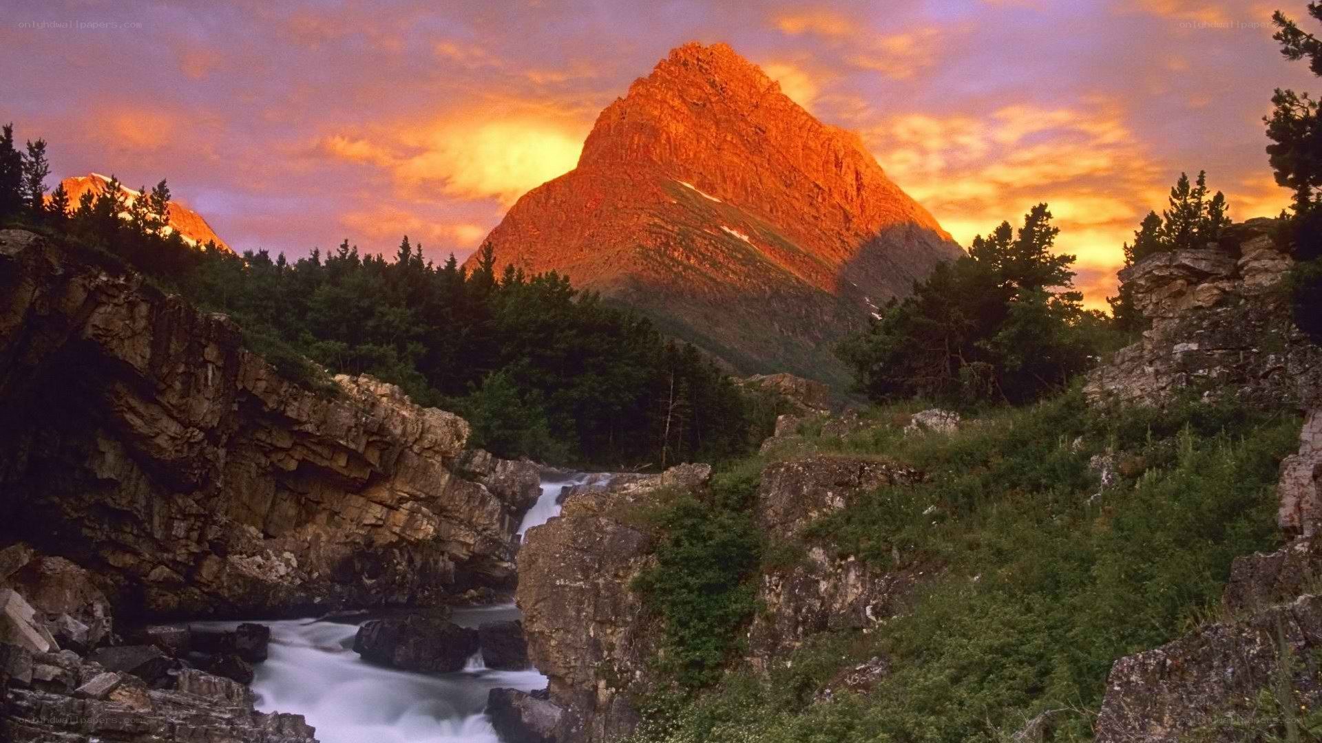 Mountain river at sunset