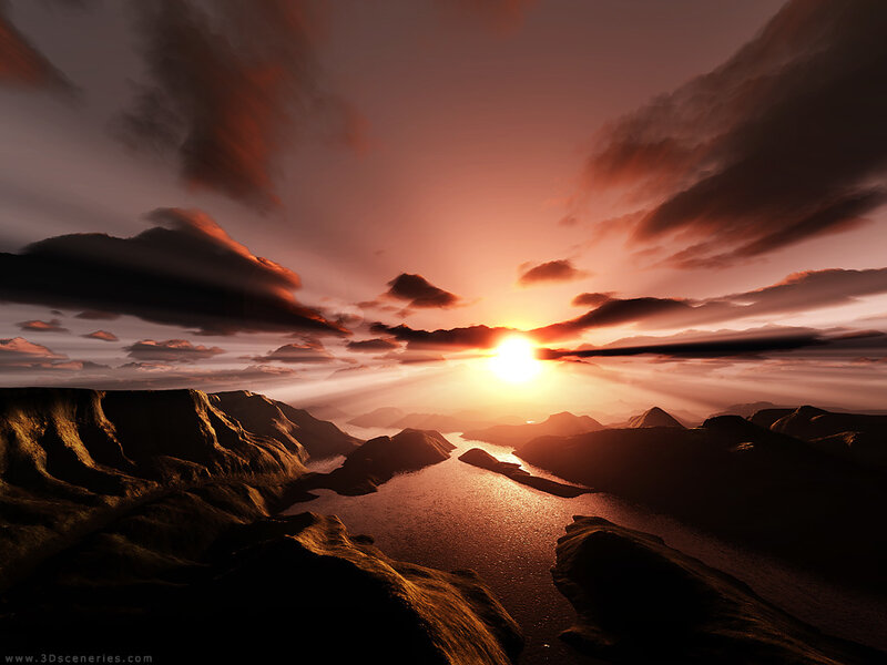 Mountain River at Sunset — Orange, Dramatic, Digital Art