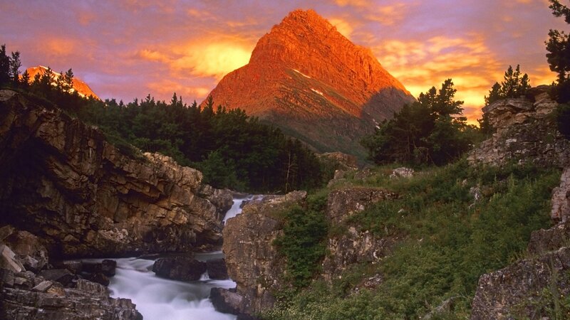 Mountain River at Sunset — Orange, Dramatic, Photograph, Trees, Purple, Green