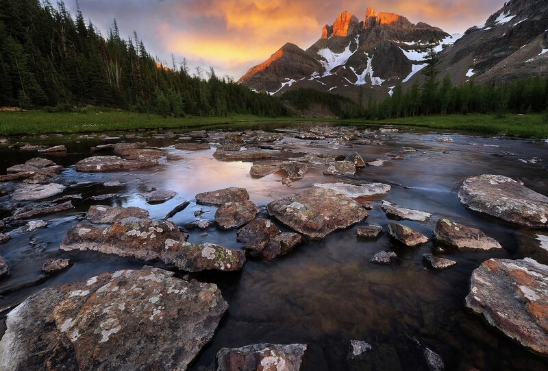 Mountain River at Sunset — Orange, Serene, Photograph