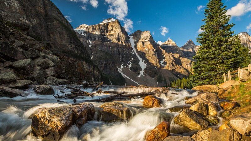 Mountain River Flowing — Blue, Dramatic, Afternoon, Photograph, Mountains, Trees, Rocks