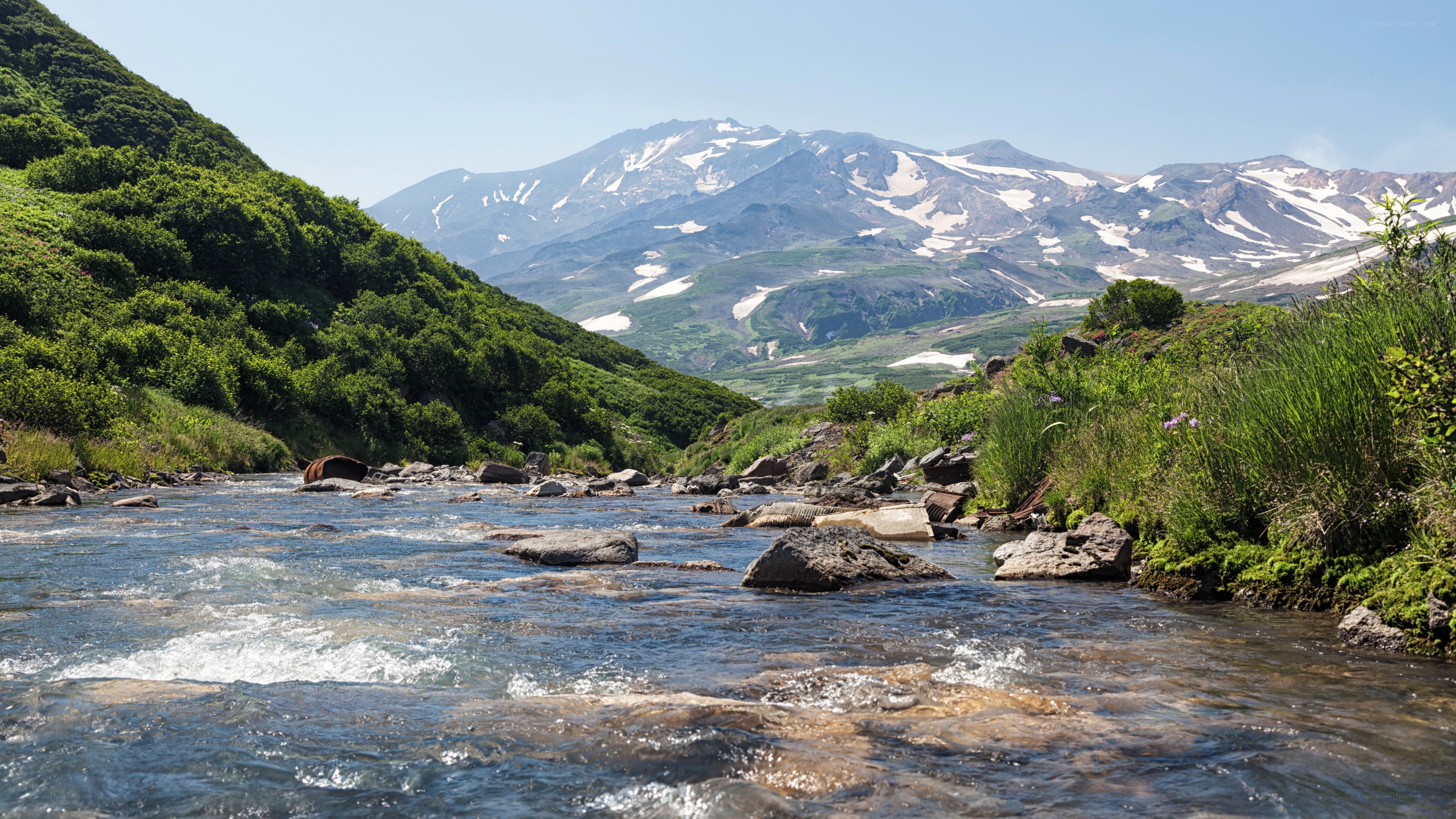 Mountain river flowing through green valley