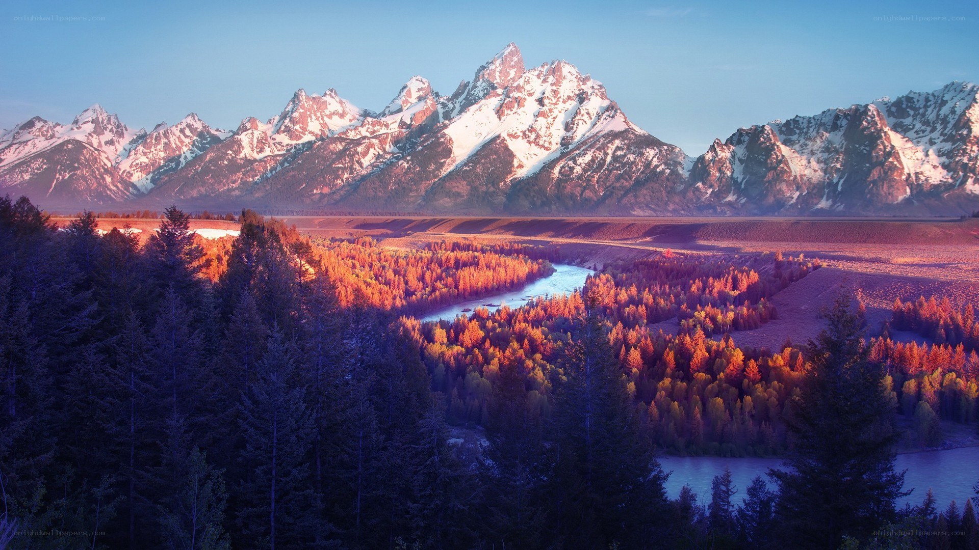mountain river landscape at sunrise