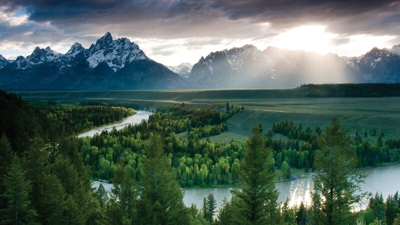 Mountain river landscape at sunset