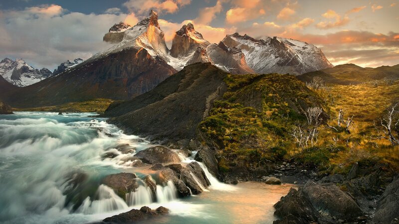 Mountain River Landscape — Blue, Dramatic, Sunset, Photograph