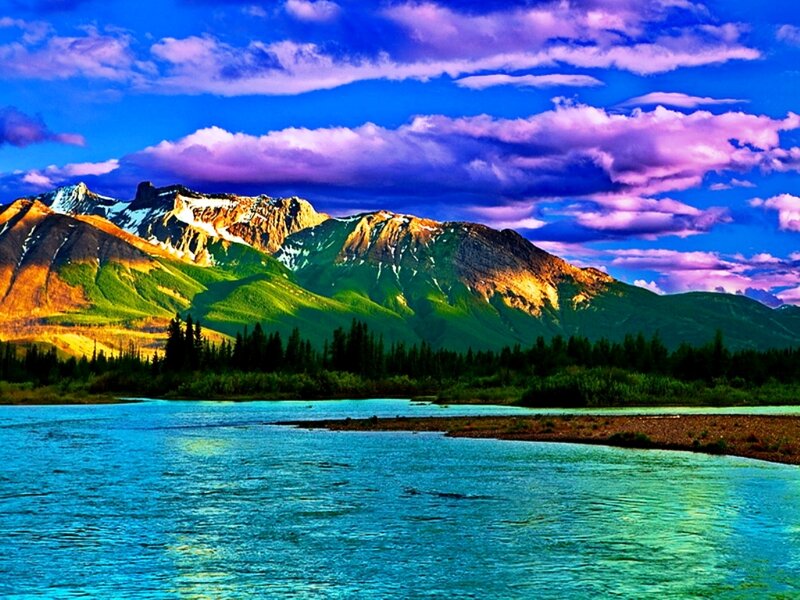 Mountain River Landscape — Blue, Dramatic, Sunset