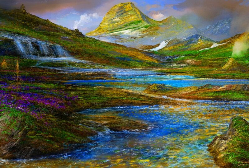 Mountain River Landscape — Blue, Serene, Afternoon, Digital Art