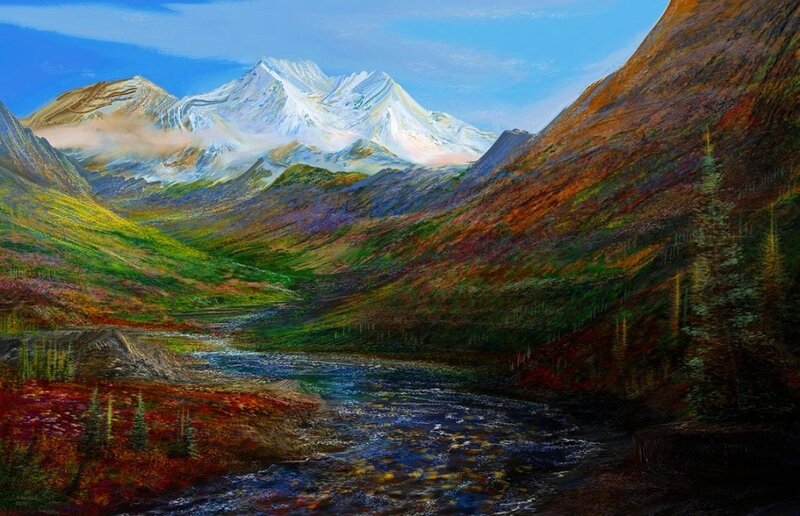 Mountain River Landscape — Blue, Serene, Afternoon, Painting