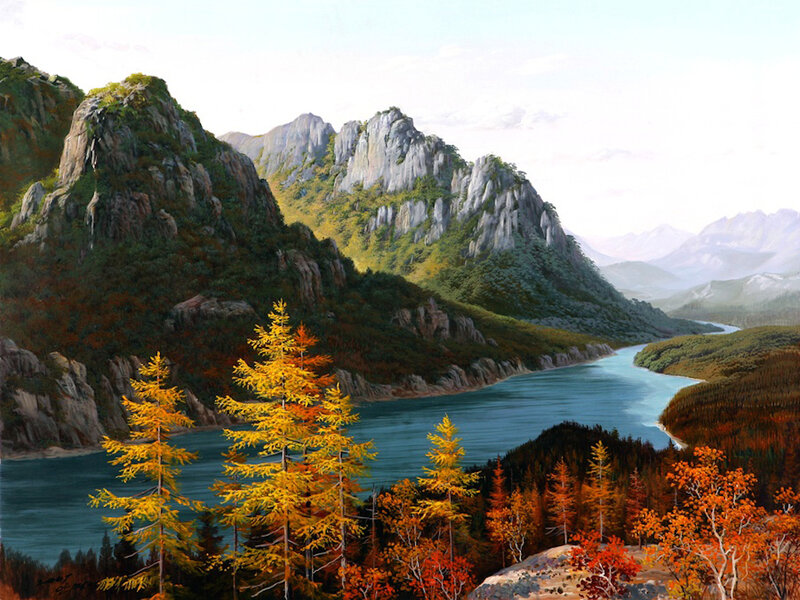 Mountain River Landscape — Blue, Serene, Autumn, Painting