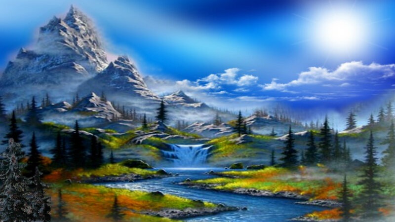Mountain River Landscape — Blue, Serene, Morning