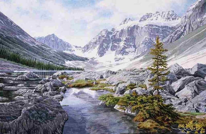 Mountain River Landscape — Blue, Serene, Painting