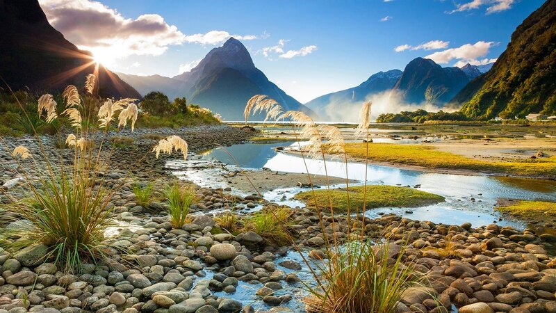 Mountain River Landscape — Blue, Serene, Sunrise, Photograph