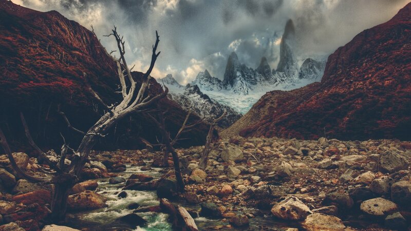 Mountain River Landscape — Brown, Dramatic