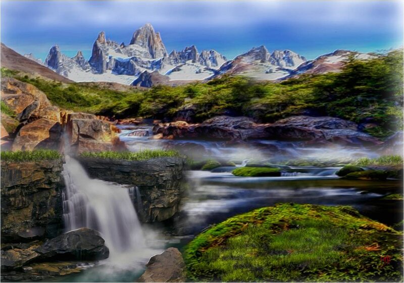 Mountain River Landscape — Green, Serene, Afternoon, Digital Art