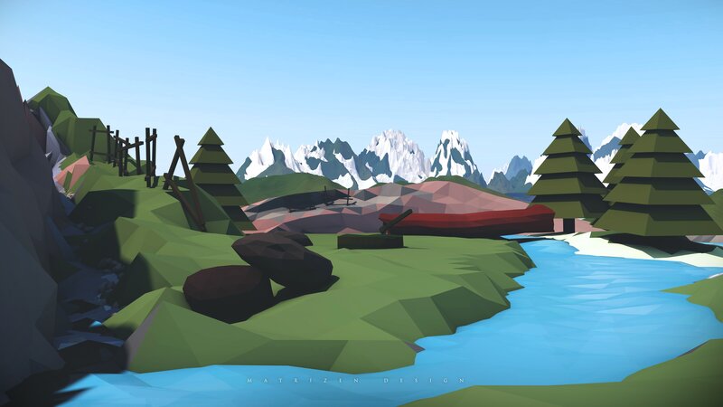 Mountain River Landscape — Green, Serene, Afternoon, Digital Art, Trees