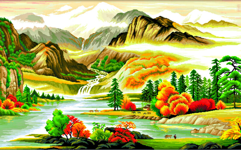 Mountain River Landscape — Green, Serene, Autumn