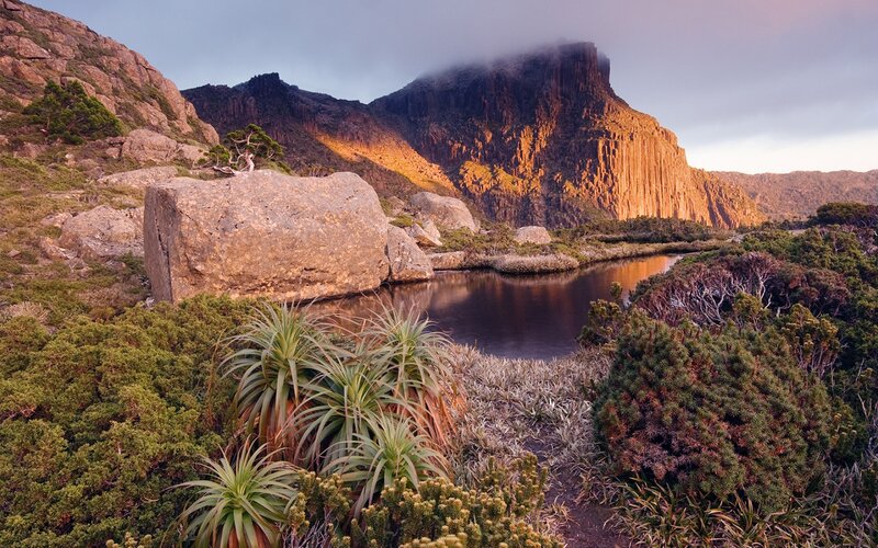 Mountain River Landscape — Green, Serene, Sunset