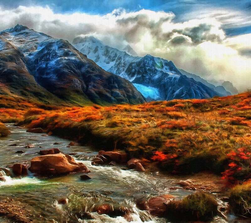 Mountain River Landscape — Orange, Dramatic