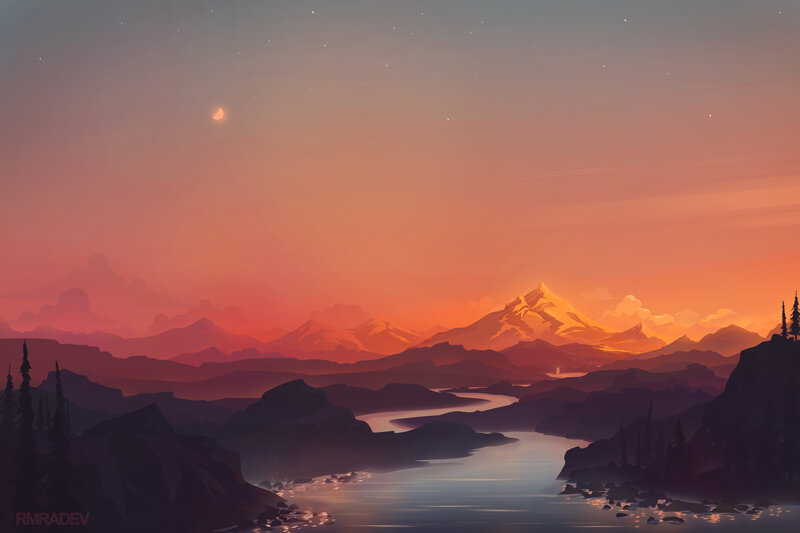Mountain River Landscape — Orange, Serene, Sunset