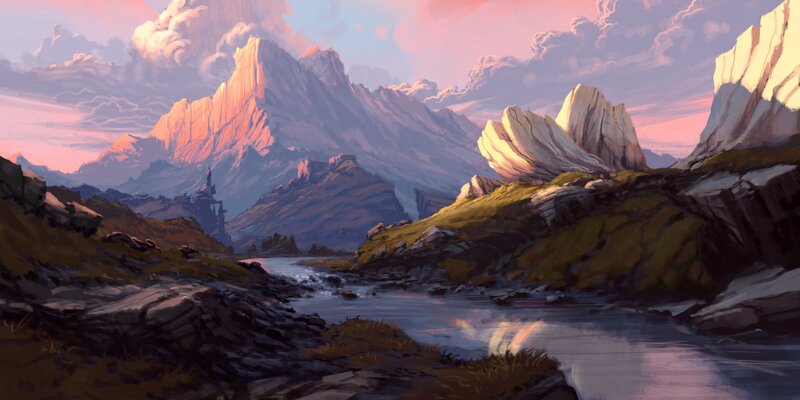 Mountain River Landscape — Pink