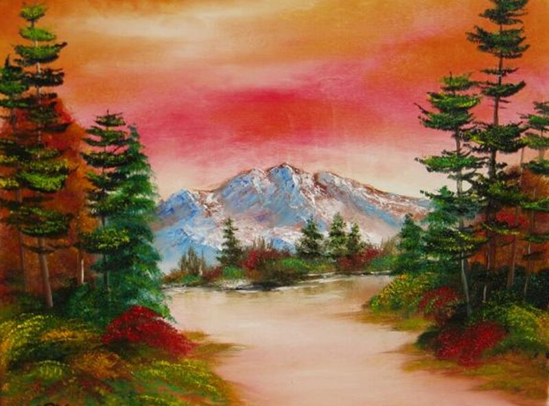 Mountain River Landscape — Red, Serene