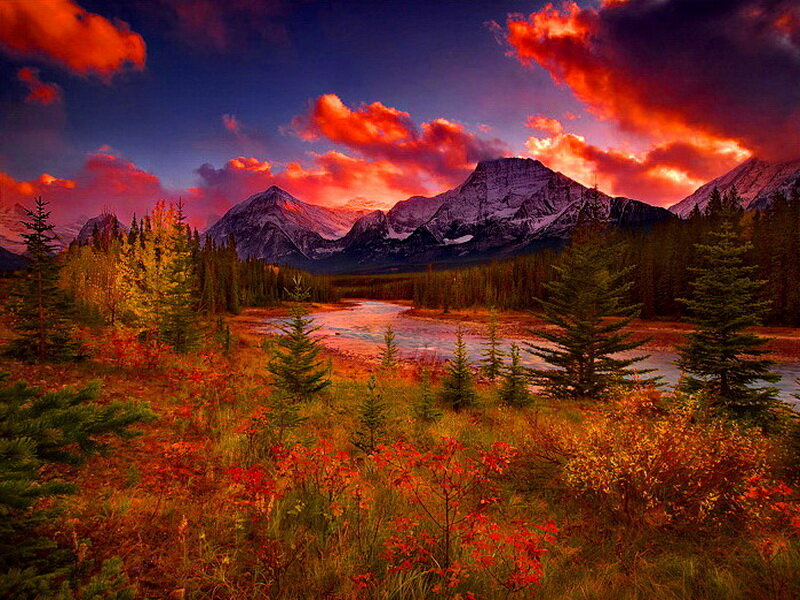 Mountain River Landscape — Red