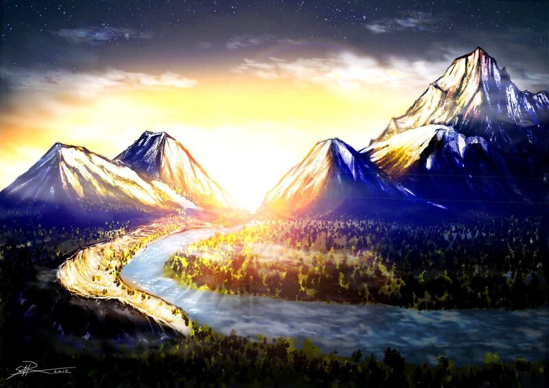 Mountain River Landscape — Yellow, Dramatic