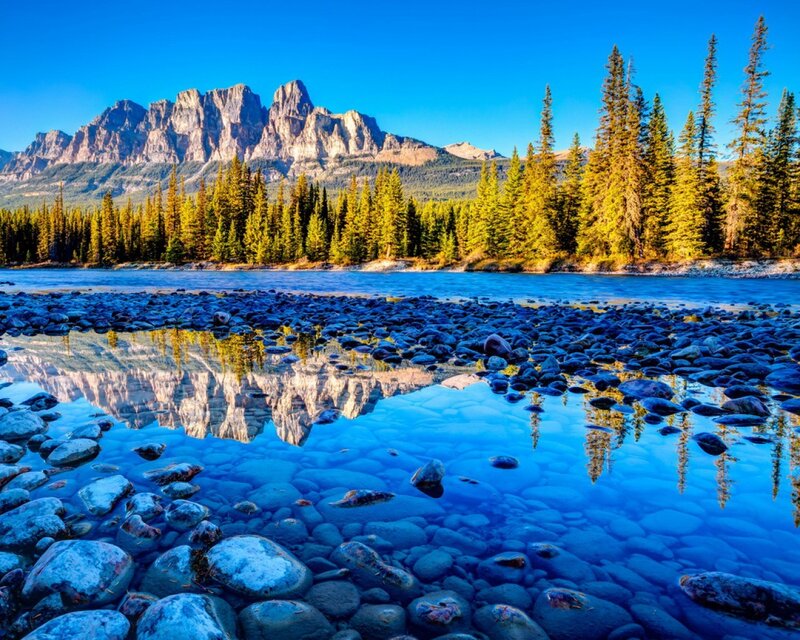 Mountain River Reflection — Blue, Serene