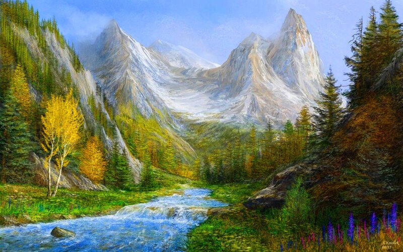 Mountain River Valley — Blue, Serene, Autumn, Painting