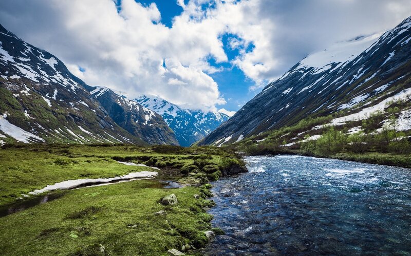 Mountain River Valley — Blue, Serene, Spring, Photograph