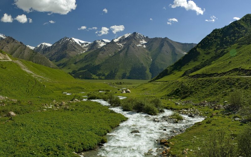 Mountain River Valley — Green, Serene, Afternoon, Photograph, Snow-capped Mountains
