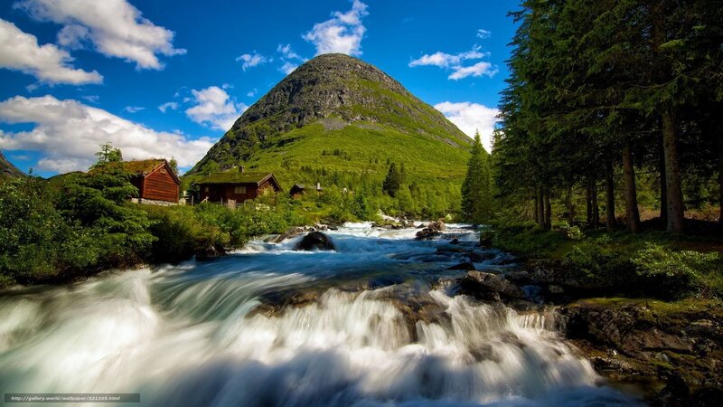 Mountain river with cabins