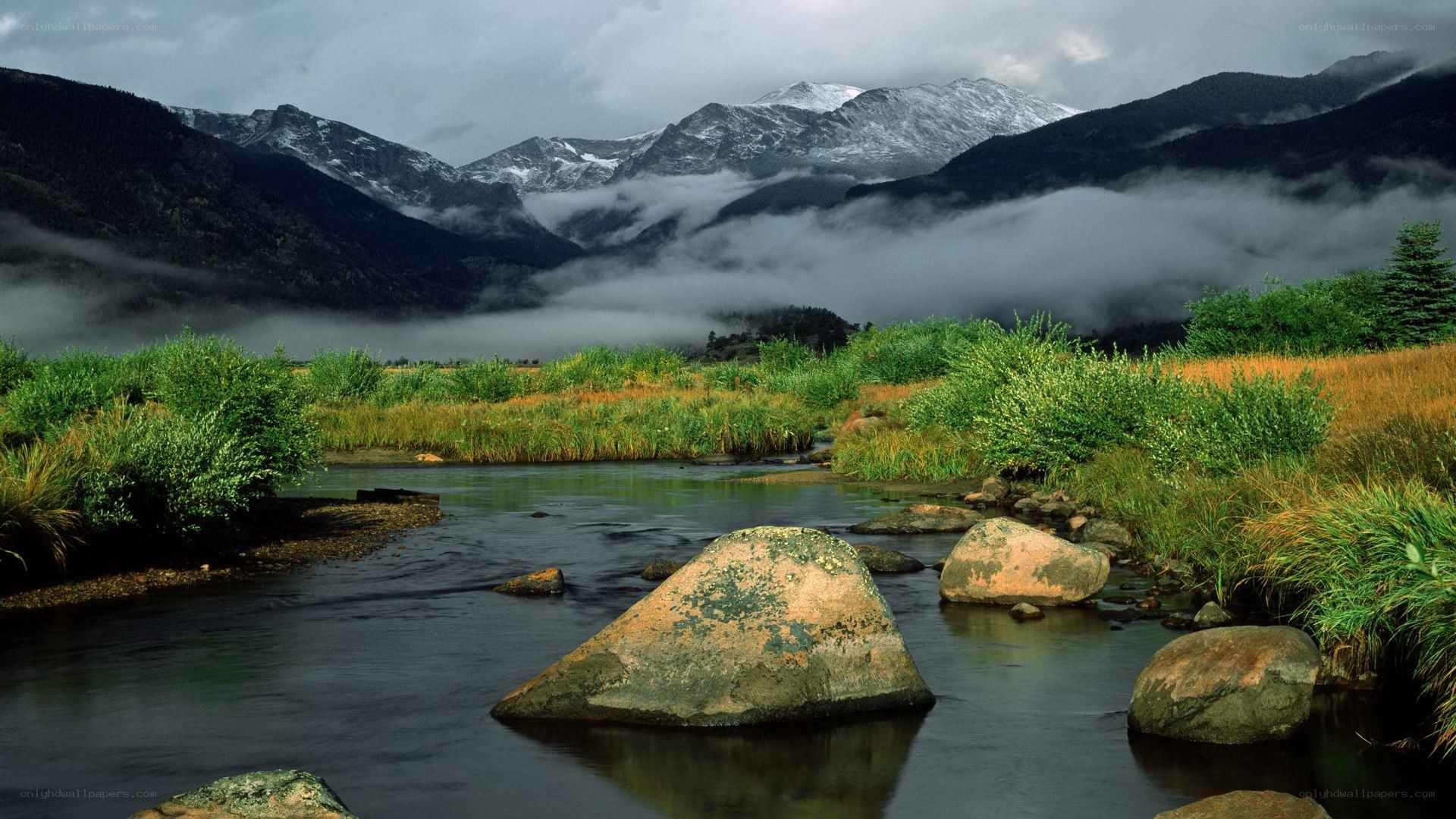 Mountain river with fog