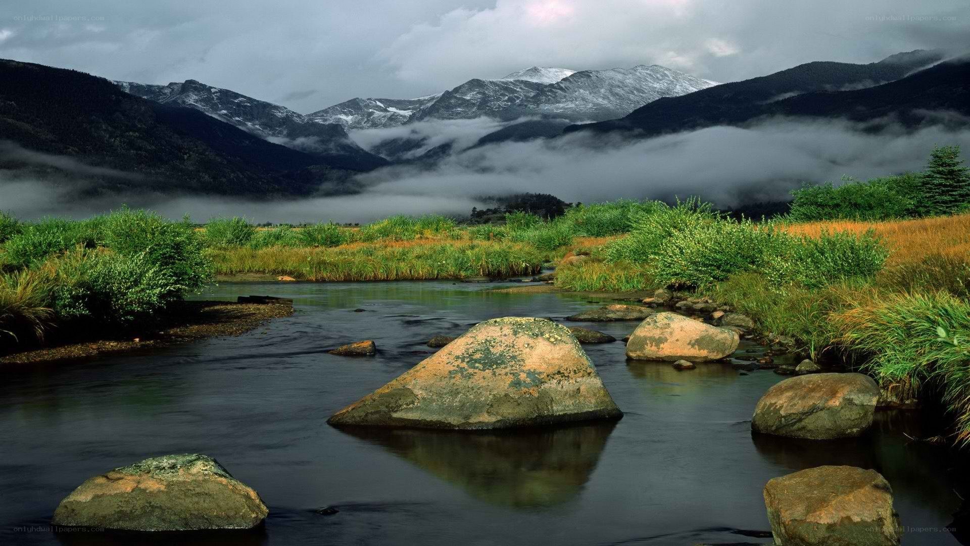Mountain river with fog