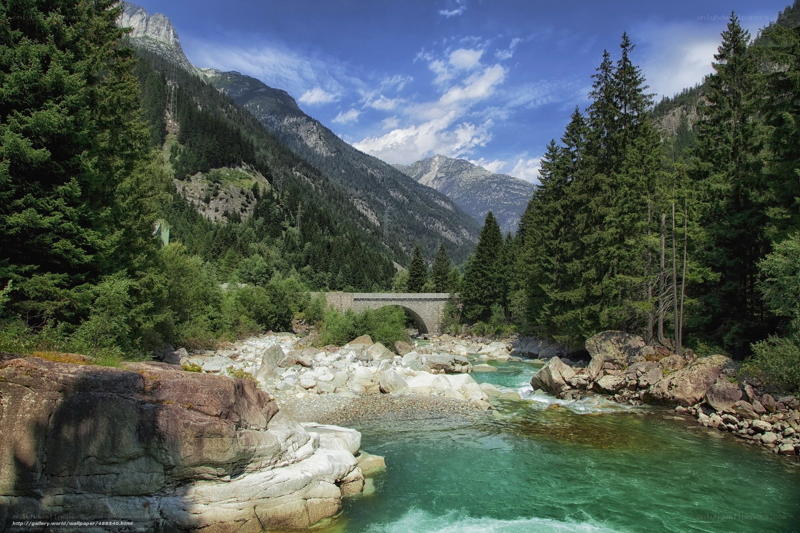 Mountain river with stone bridge