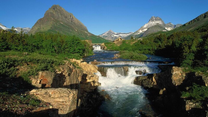 Mountain river with waterfalls