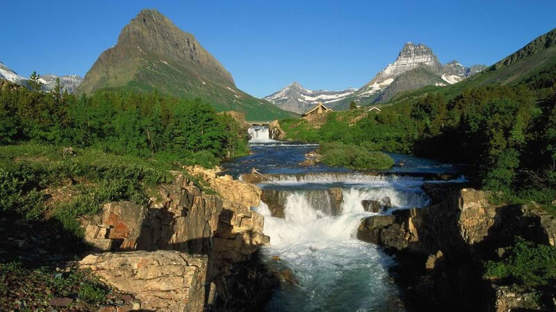 Mountain river with waterfalls