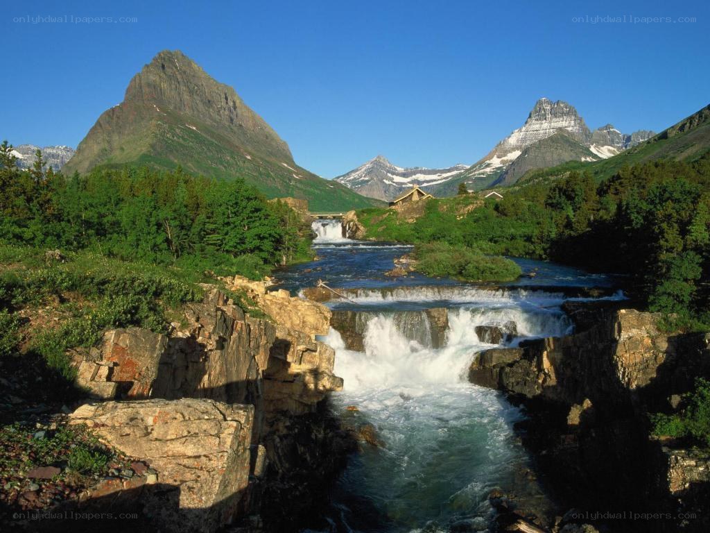 Mountain river with waterfalls