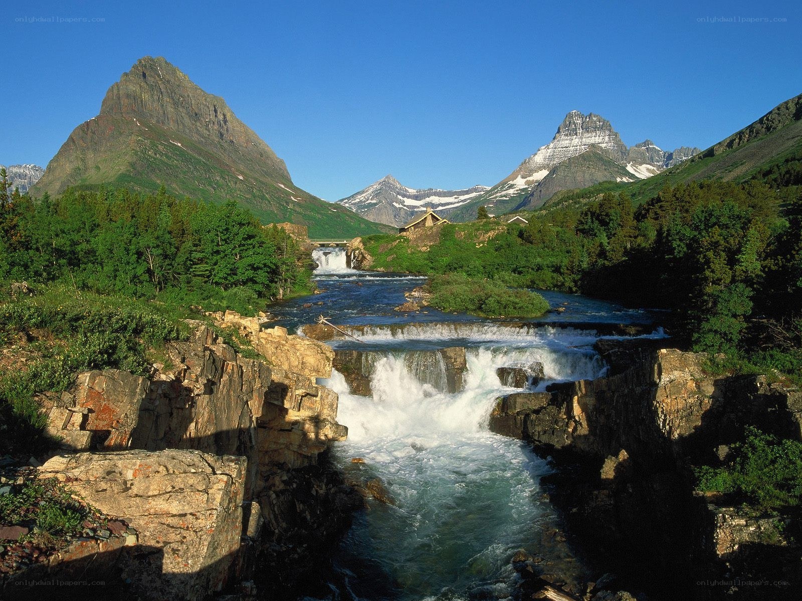 Mountain river with waterfalls