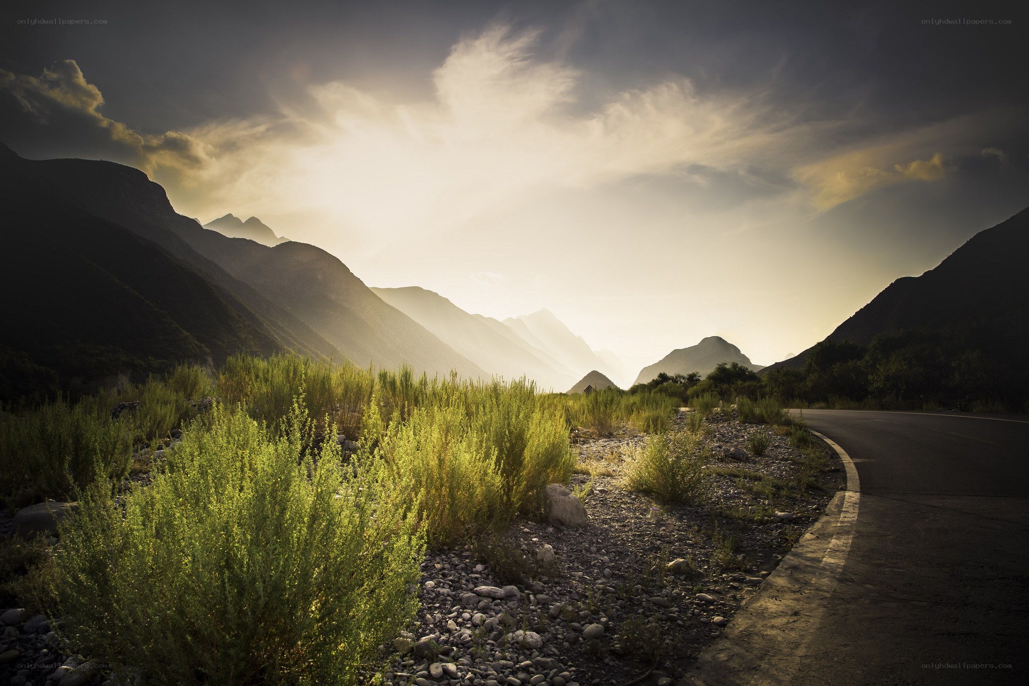 Mountain road at sunset