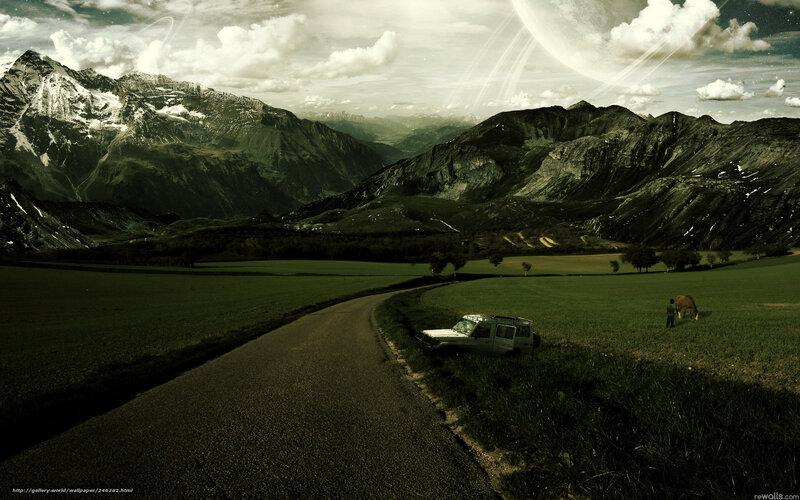Mountain road with alien moon