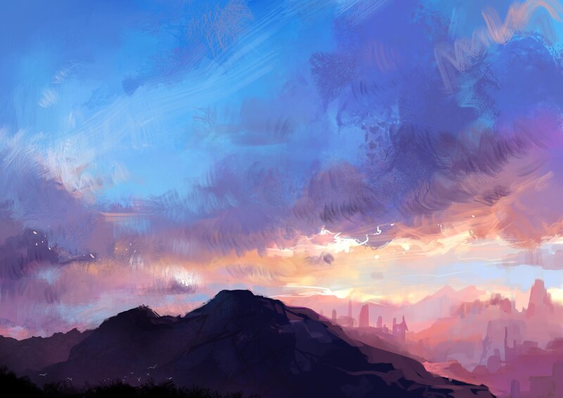 Mountain Silhouette at Sunset — Blue, Dramatic, Digital Art