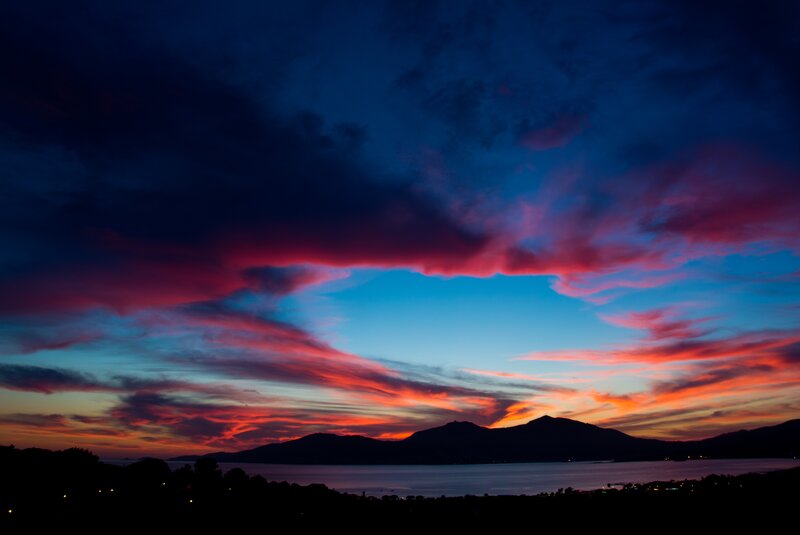 Mountain Silhouette at Sunset — Blue, Dramatic, Photograph, Clouds, Water