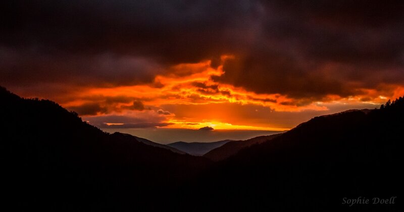 Mountain Silhouette at Sunset — Orange, Dramatic, Photograph, Clouds, Sky, Mountains
